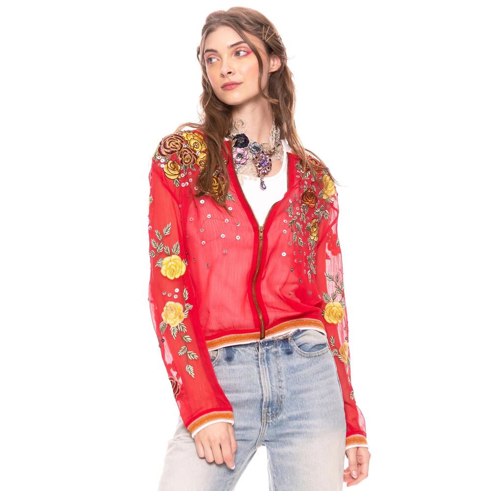 Aratta Silent Journey Rosabel Bomber Jacket Red Embroidery Sequins Roses Zip XS